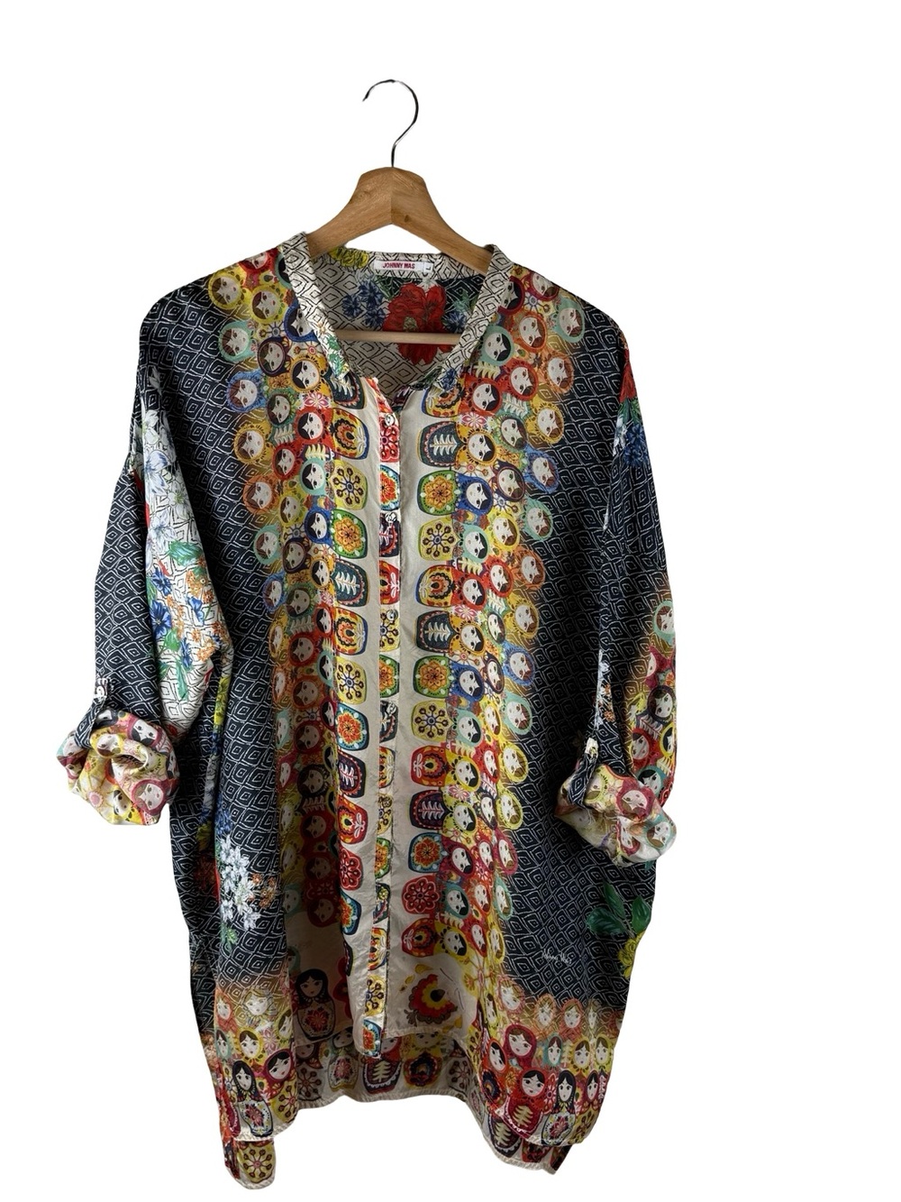 Johnny Was Babette Nesting Dolls 100% Silk Blouse Top Tunic L OVERSIZED - Picture 3 of 8